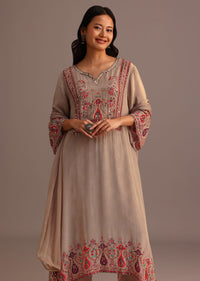 Beige Printed Kurti Pant Set With Chiffon Dupatta