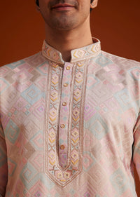 Beige Printed Silk Kurta Set Hand Embellishments