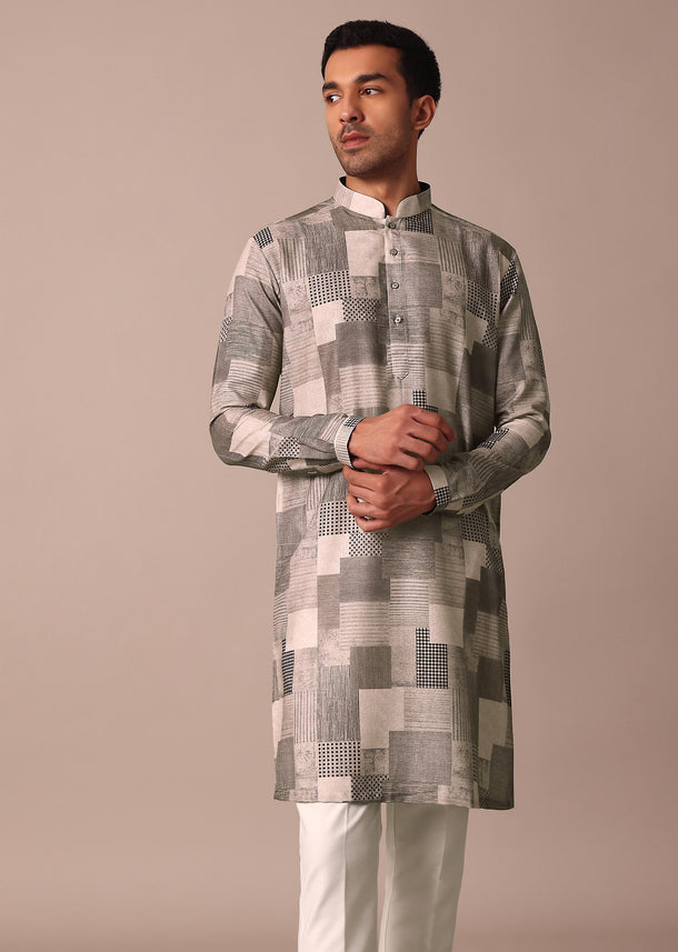 Beige Printed Straight Kurta With Self Work