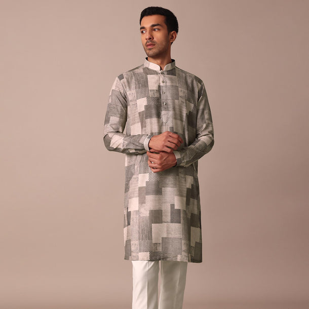 Beige Printed Straight Kurta With Self Work