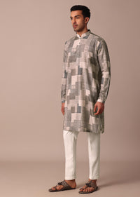 Beige Printed Straight Kurta With Self Work