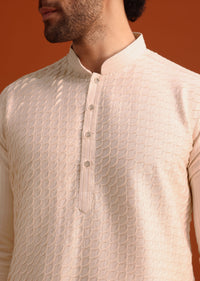 Beige Quilted Kurta Set In Blended Silk