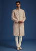 Beige Raw Silk Sherwani Set With Dori Embroidery