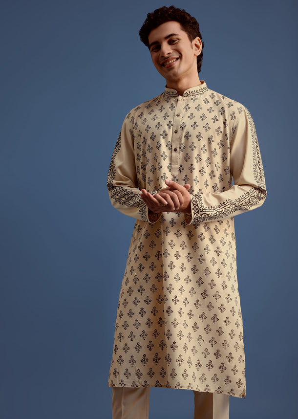 Beige Rayon Block Printed Kurta Set