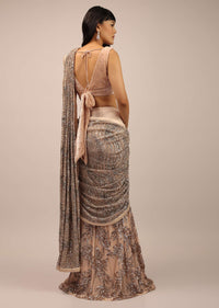Beige Ready Pleated Saree With Sequins Work In A Floral Pattern And Velvet Blouse