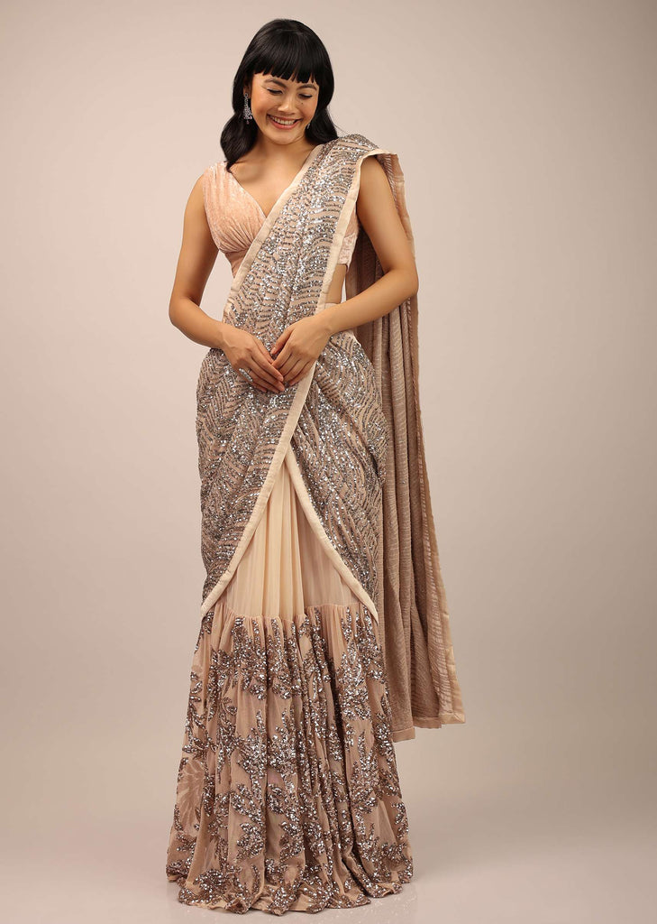 Beige Ready Pleated Saree With Sequins Work In A Floral Pattern And Velvet Blouse