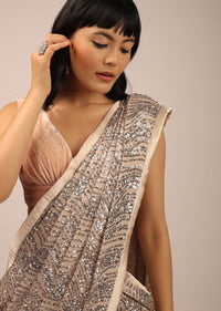 Beige Ready Pleated Saree With Sequins Work In A Floral Pattern And Velvet Blouse