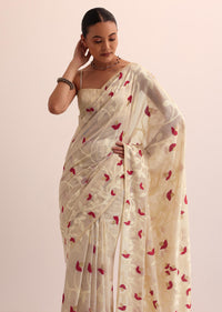 Beige Red Cotton Linen Saree With Thread Work And Unstitched Blouse