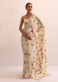 Beige Red Cotton Linen Saree With Thread Work And Unstitched Blouse