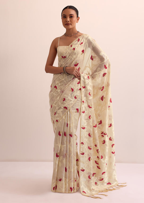 Beige Red Cotton Linen Saree With Thread Work And Unstitched Blouse
