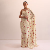 Beige Red Cotton Linen Saree With Thread Work And Unstitched Blouse