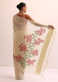 Beige Red Floral Cotton Linen Saree With Unstitched Blouse