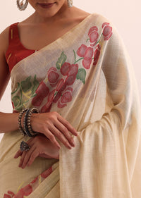 Beige Red Floral Cotton Linen Saree With Unstitched Blouse