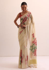 Beige Red Floral Cotton Linen Saree With Unstitched Blouse