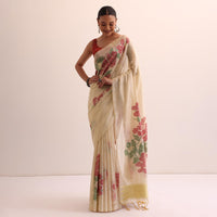 Beige Red Floral Cotton Linen Saree With Unstitched Blouse
