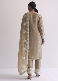 Beige Resham Threadwork Embroiderd Kurti Pant Set In Organza