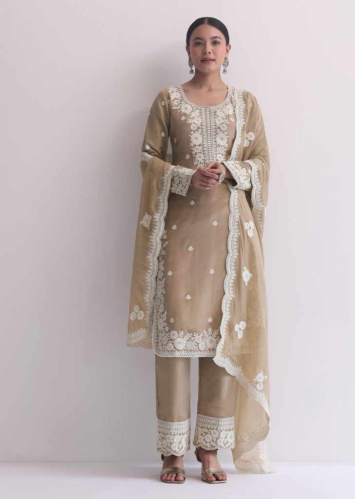 Beige Resham Threadwork Embroiderd Kurti Pant Set In Organza