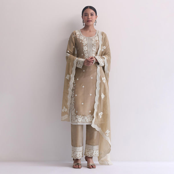 Beige Resham Threadwork Embroiderd Kurti Pant Set In Organza