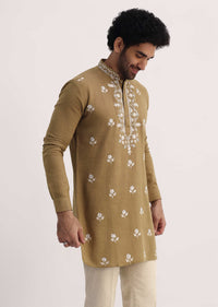 Beige Resham Work Kurta Set For Men