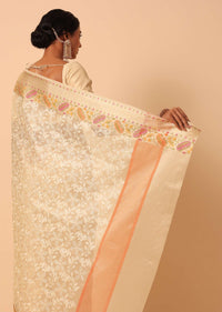 Beige Saree In Kora Silk With Floral Motif Multicolor Thread Work And Unstitched Blouse Piece