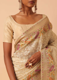 Beige Saree In Kora Silk With Floral Motif Multicolor Thread Work And Unstitched Blouse Piece