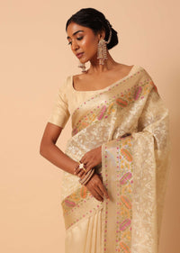 Beige Saree In Kora Silk With Floral Motif Multicolor Thread Work And Unstitched Blouse Piece