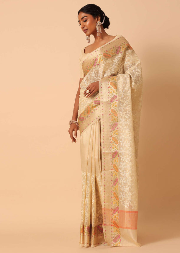 Beige Saree In Kora Silk With Floral Motif Multicolor Thread Work And Unstitched Blouse Piece