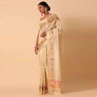 Beige Saree In Kora Silk With Floral Motif Multicolor Thread Work And Unstitched Blouse Piece