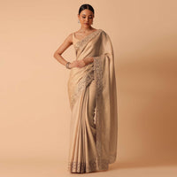 Beige Saree In Organza With Lace Trims And Unstitched Blouse Piece