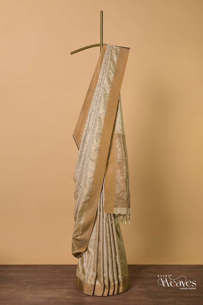 Beige Saree In South Resham Silk With Kashmiri Woven Work And Unstitched Blouse Fabric