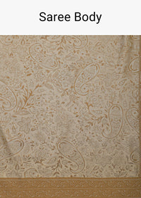 Beige Saree In South Resham Silk With Kashmiri Woven Work And Unstitched Blouse Fabric