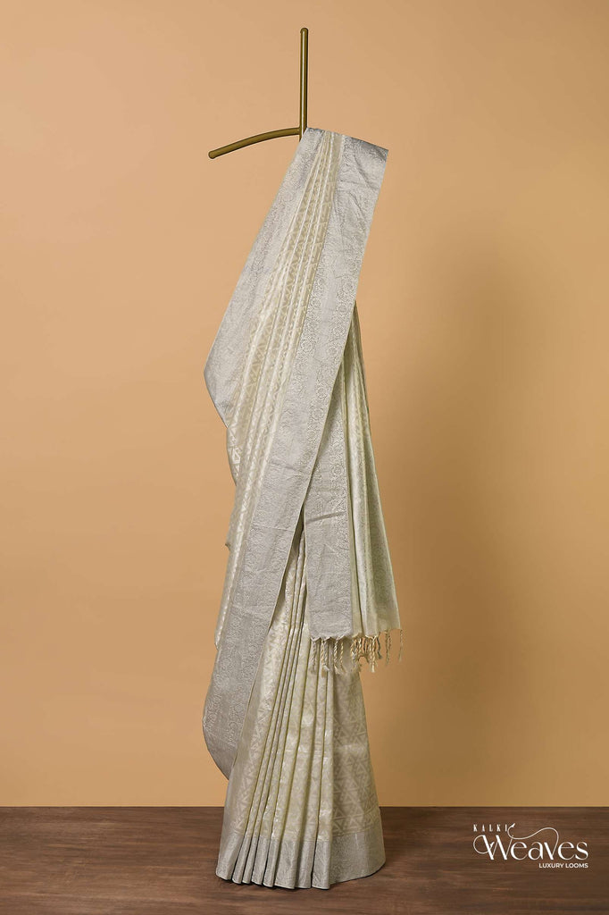 Beige Saree In South Silk With Geometrical Zari Woven Motifs And Unstitched Blouse Fabric