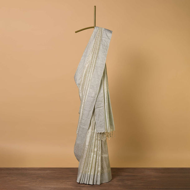 Beige Saree In South Silk With Geometrical Zari Woven Motifs And Unstitched Blouse Fabric