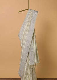 Beige Saree In South Silk With Geometrical Zari Woven Motifs And Unstitched Blouse Fabric