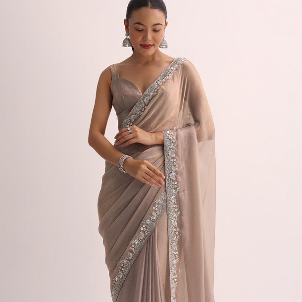 Beige Saree With Embroidered Border And Unstitched Blouse