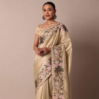 Beige Semi Tussar Silk Resham Thread Embroidered Saree