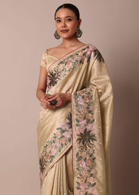 Beige Semi Tussar Silk Resham Thread Embroidered Saree