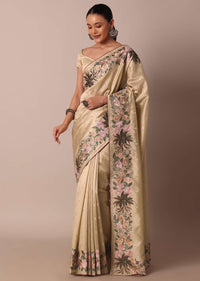 Beige Semi Tussar Silk Resham Thread Embroidered Saree