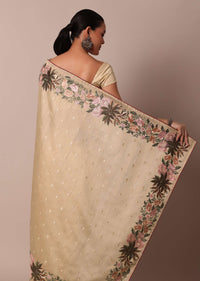 Beige Semi Tussar Silk Resham Thread Embroidered Saree