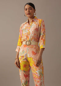 Beige Shirt Kurta And Pant Co-Ord Set With Floral Prints
