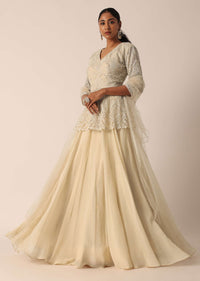 Beige Short Kurta Lehenga Set With Mirror Work