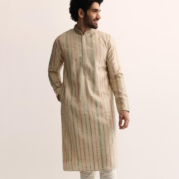 Beige Silk Abla Work Kurta Set For Men