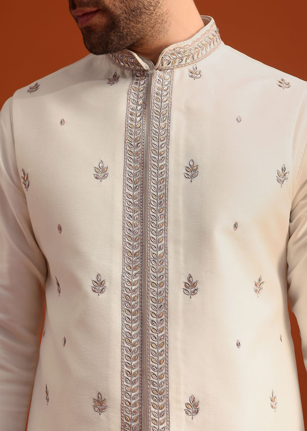 Beige Silk Blend Kurta And Jacket Set With Mirror Work
