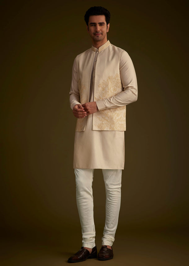 Beige Silk Blend Kurta Set With Embroidered Nehru Jacket