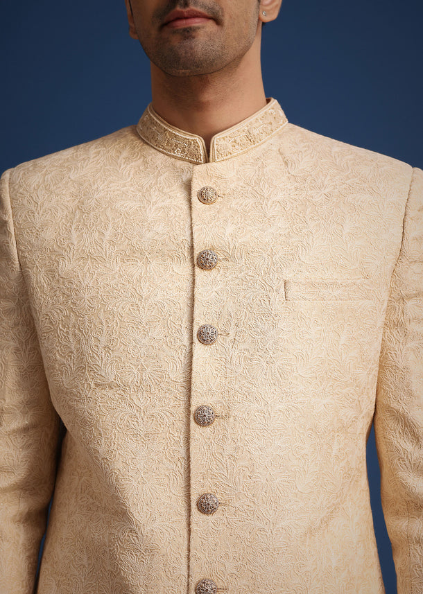 Beige Silk Blend Sherwani Set