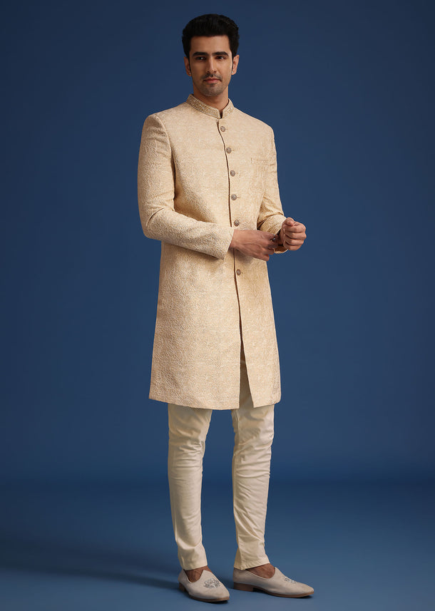 Beige Silk Blend Sherwani Set