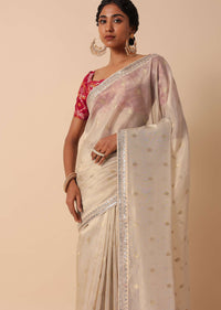 Beige Silk Embroidered Saree Set With Unstitched Blouse Piece