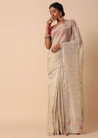 Beige Silk Embroidered Saree Set With Unstitched Blouse Piece