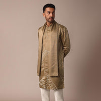 Beige Silk Kurta Set With Intricate Handwork