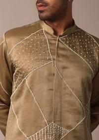 Beige Silk Kurta Set With Intricate Handwork